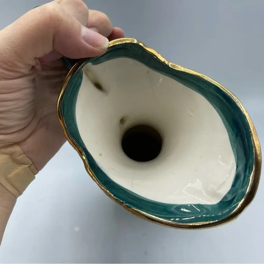 Vintage Hand Painted Peacock Ornate Vase Decor Green Teal Gold Porcelain